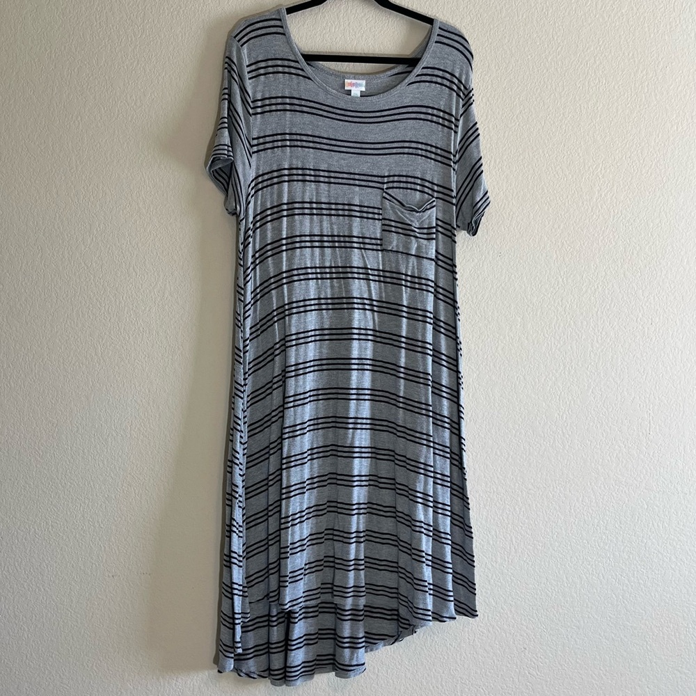 Lula Roe Dress Size 2XL Grey with Black Stripes, "Shirt" Pocket, Short Sleeves